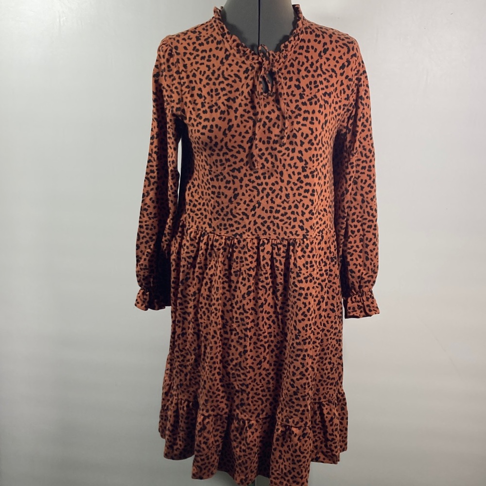 Forever Young Animal Print Dress Size Youth 16 Ruffled Hem Long Elastic Sleeves